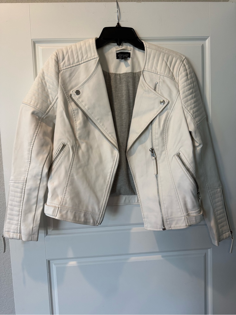 Topshop White Faux Leather Moto Jacket with Quilted Accents